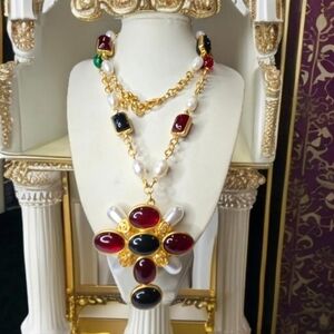Mogul Maltese Cross Pearl Glass Cabochon Statement Necklace